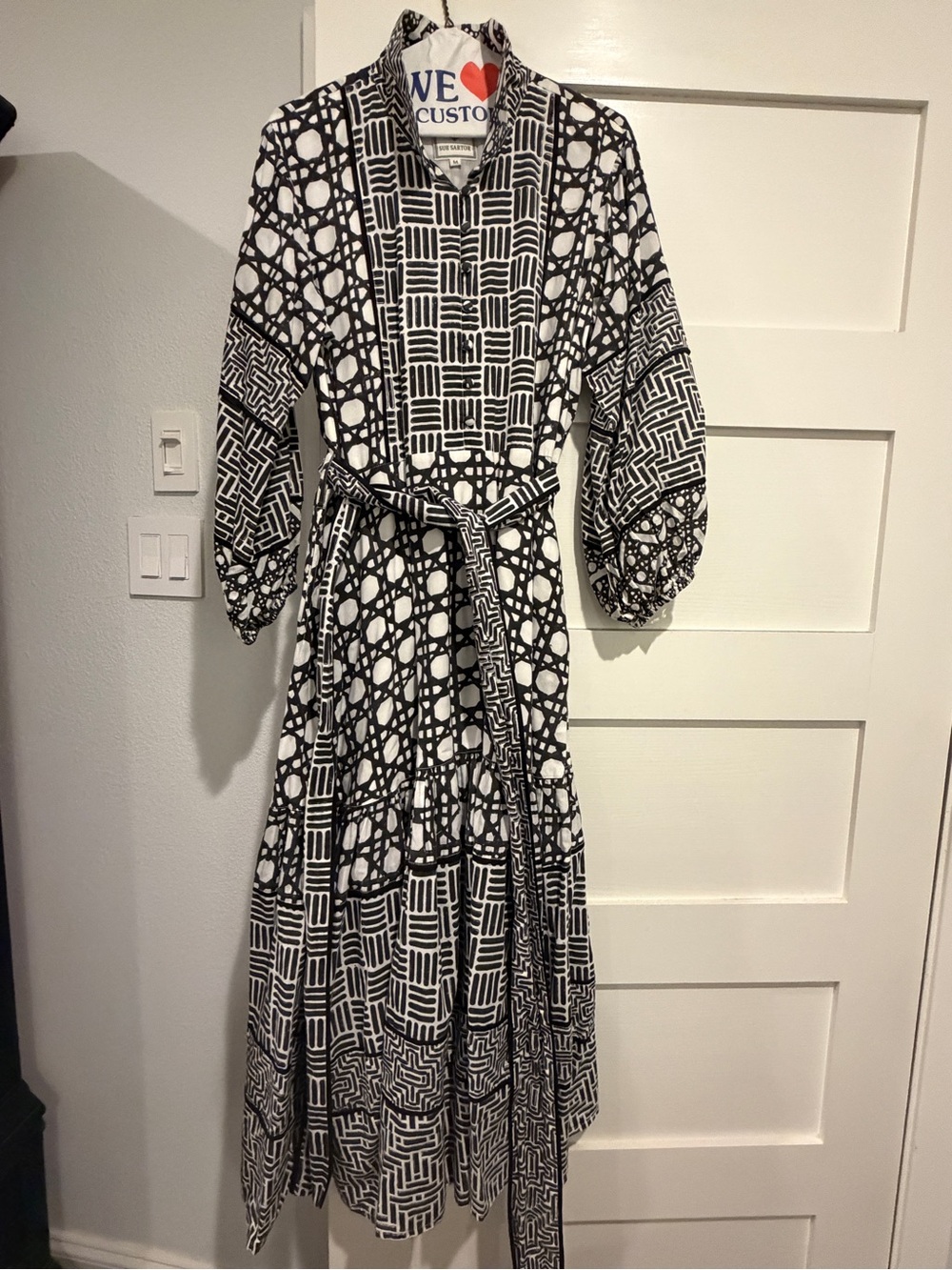 Sue Sartor Flounce Dress Black & White Patterned Belted Maxi Dress